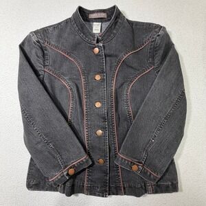 Sigrid Olsen Denim Jacket Womens 6 Gray Pink Piping Mock Neck Western Button Up